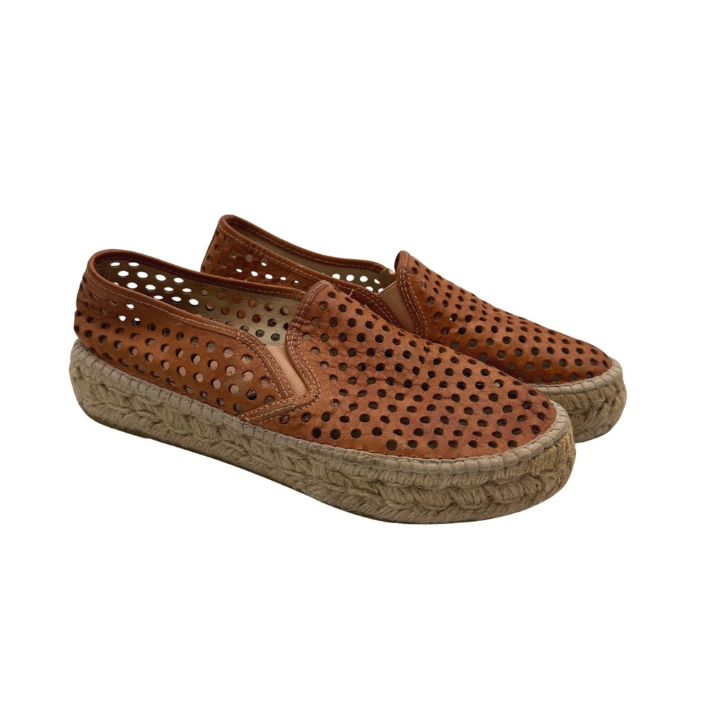 Loeffler Randall Cognac Perforated Leather Espadrille Platform Sneakers Size 38